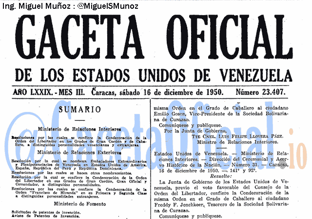 Gaceta Oficial 23407 del 16 Diciembre 1950