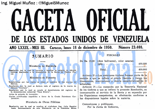 Gaceta Oficial 23408 del 18 Diciembre 1950