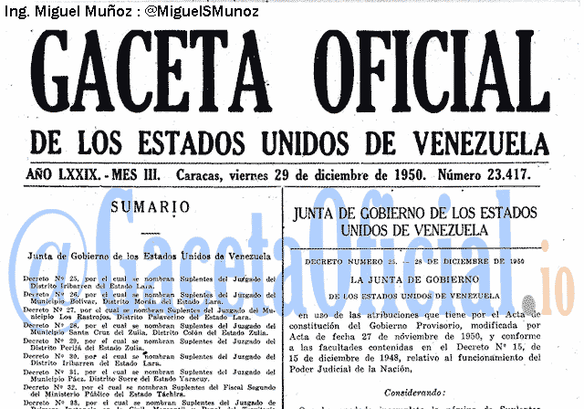 Gaceta Oficial 23417 del 29 Diciembre 1950