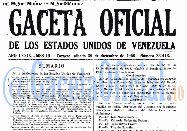 Gaceta Oficial 23418 del 30 Diciembre 1950