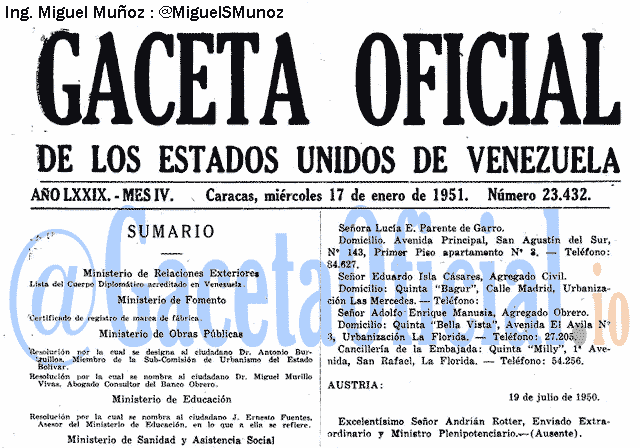 Gaceta Oficial 23432 del 17 Enero 1951