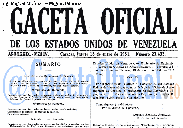 Gaceta Oficial 23433 del 18 Enero 1951