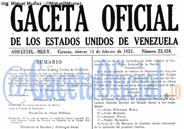 Gaceta Oficial 23458 del 16 Febrero 1951