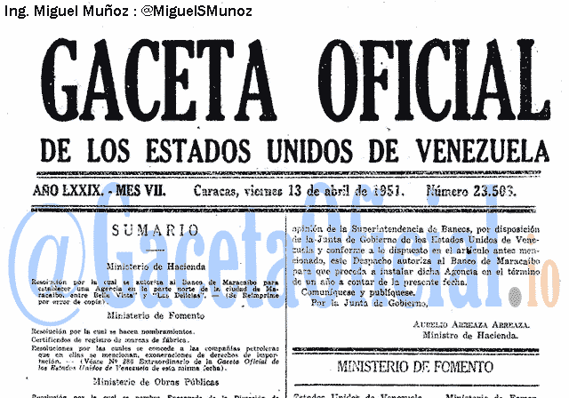 Gaceta Oficial 23503 del 13 Abril 1951