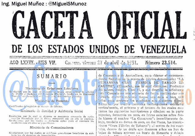 Gaceta Oficial 23514 del 27 Abril 1951