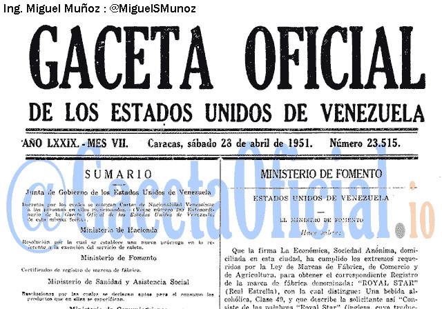 Gaceta Oficial 23515 del 28 Abril 1951