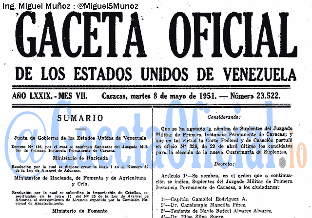 Gaceta Oficial 23522 del 8 Mayo 1951