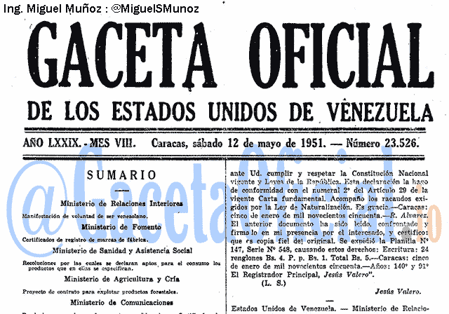 Gaceta Oficial 23526 del 12 Mayo 1951