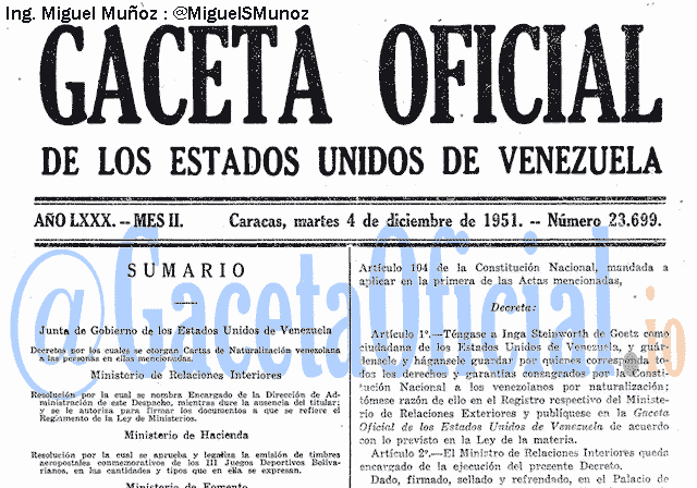 Gaceta Oficial 23699 del 4 Diciembre 1951