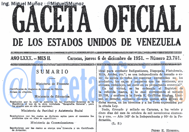 Gaceta Oficial 23701 del 6 Diciembre 1951