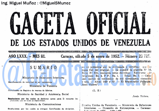 Gaceta Oficial 23725 del 5 Enero 1952