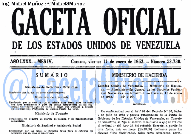 Gaceta Oficial 23730 del 11 Enero 1952