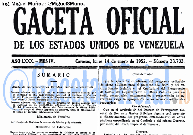 Gaceta Oficial 23732 del 14 Enero 1952