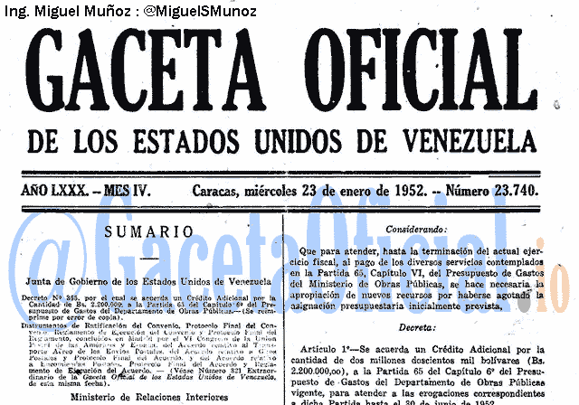 Gaceta Oficial 23740 del 23 Enero 1952