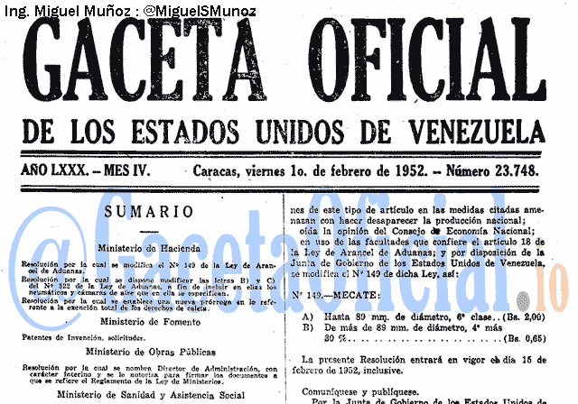 Gaceta Oficial 23748 del 1 Febrero 1952