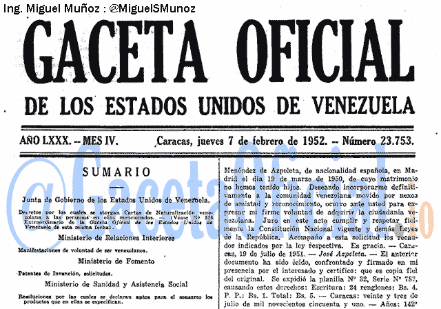 Gaceta Oficial 23753 del 7 Febrero 1952