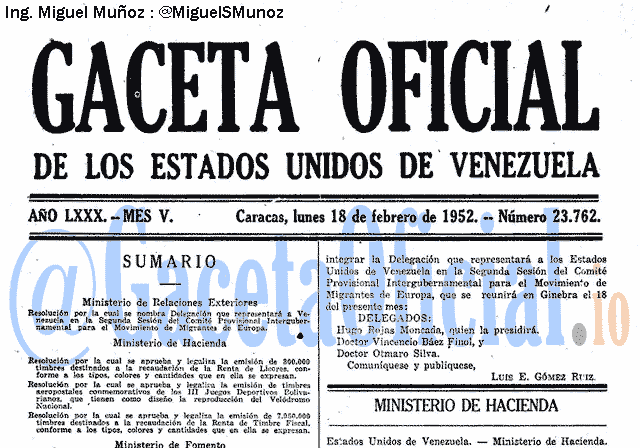 Gaceta Oficial 23762 del 18 Febrero 1952