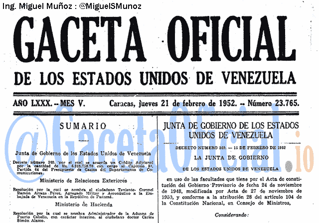 Gaceta Oficial 23765 del 21 Febrero 1952