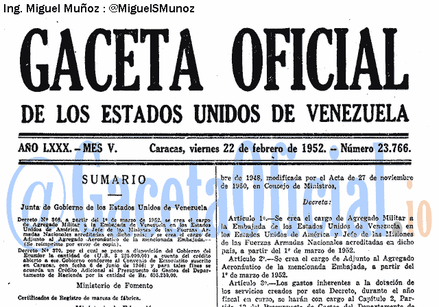 Gaceta Oficial 23766 del 22 Febrero 1952