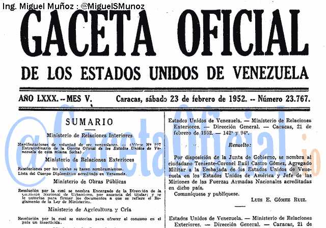 Gaceta Oficial 23767 del 23 Febrero 1952