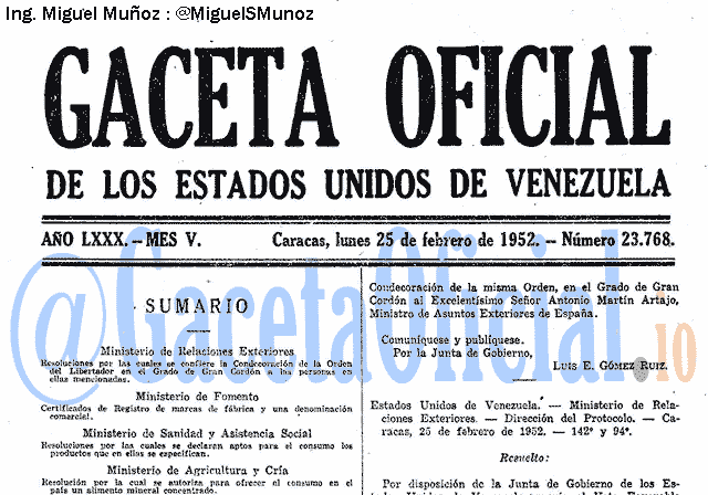 Gaceta Oficial 23768 del 25 Febrero 1952