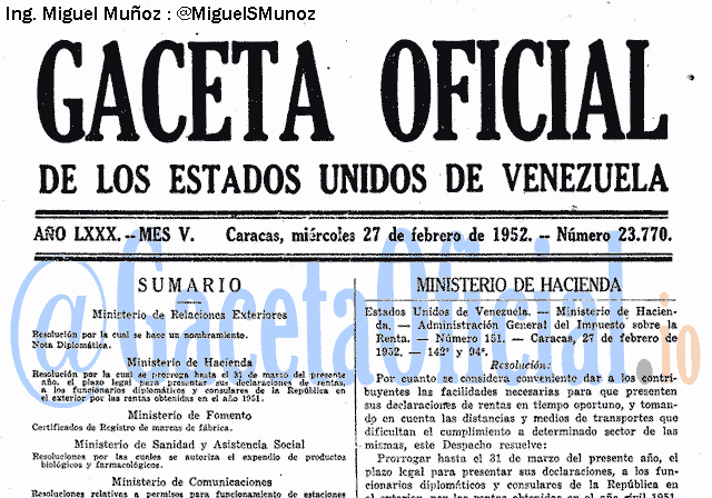 Gaceta Oficial 23770 del 27 Febrero 1952