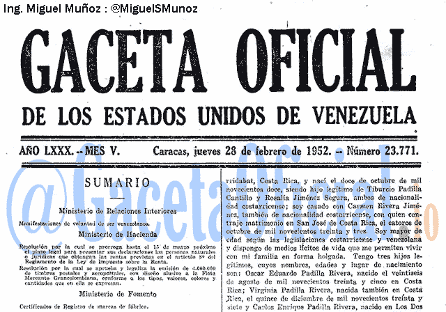 Gaceta Oficial 23771 del 28 Febrero 1952