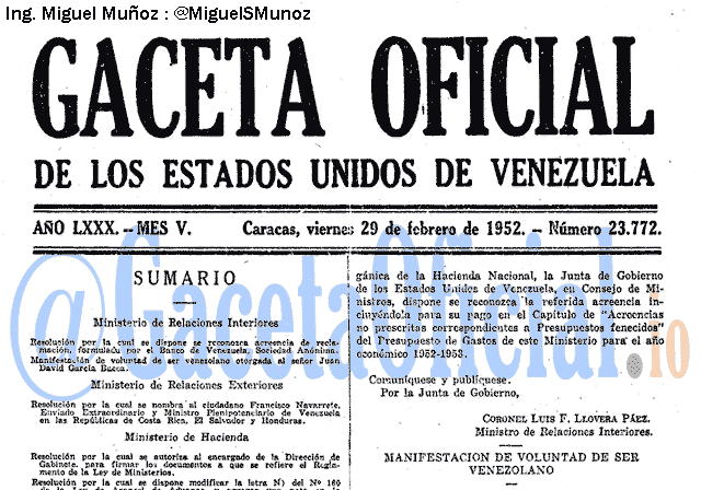 Gaceta Oficial 23772 del 29 Febrero 1952