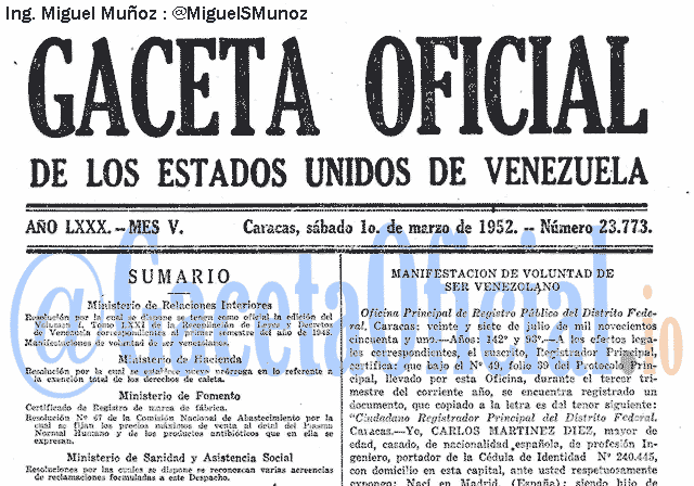 Gaceta Oficial 23773 del 1 Marzo 1952
