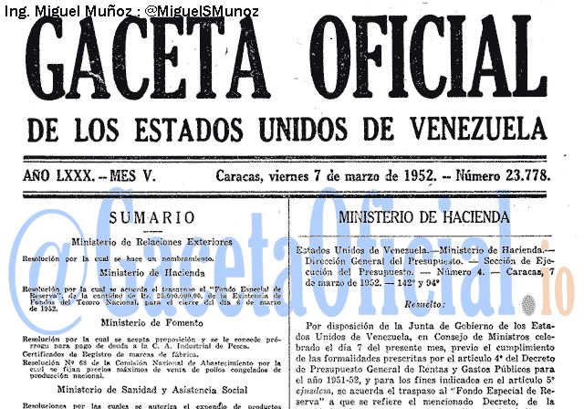 Gaceta Oficial 23778 del 7 Marzo 1952