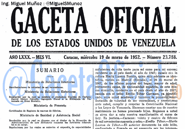 Gaceta Oficial 23788 del 19 Marzo 1952