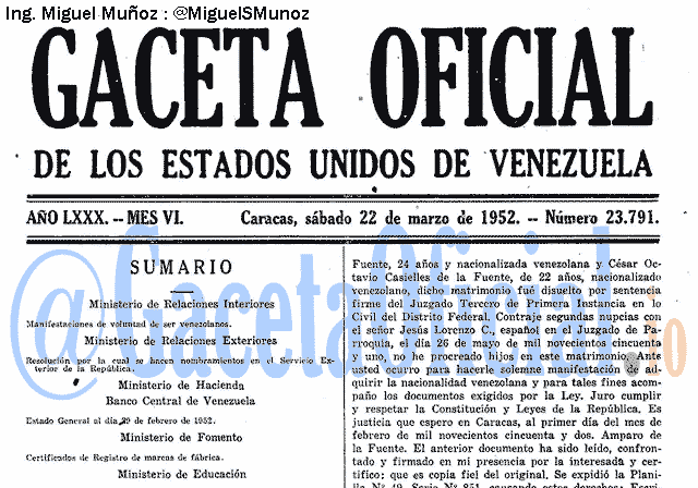 Gaceta Oficial 23791 del 22 Marzo 1952