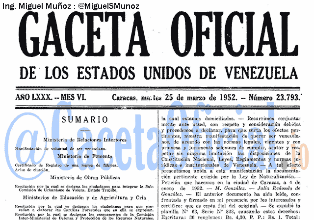 Gaceta Oficial 23793 del 25 Marzo 1952