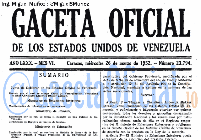 Gaceta Oficial 23794 del 26 Marzo 1952