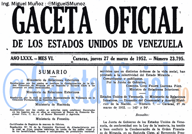 Gaceta Oficial 23795 del 27 Marzo 1952