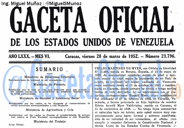 Gaceta Oficial 23796 del 28 Marzo 1952