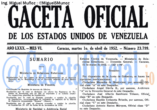 Gaceta Oficial 23799 del 1 Abril 1952