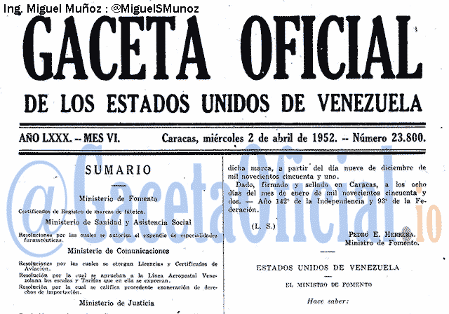 Gaceta Oficial 23800 del 2 Abril 1952
