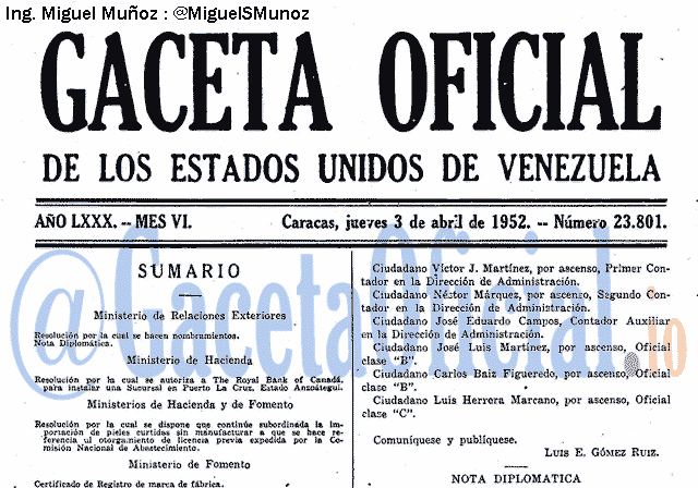 Gaceta Oficial 23801 del 3 Abril 1952