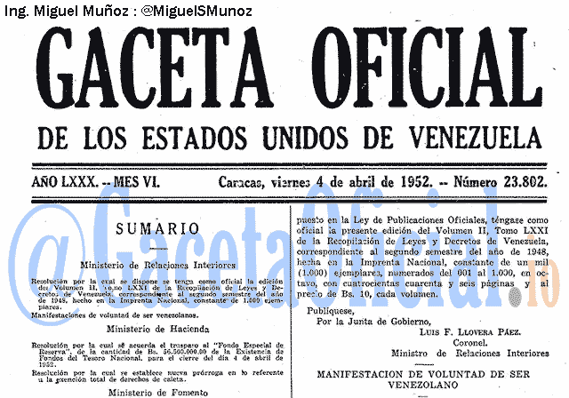 Gaceta Oficial 23802 del 4 Abril 1952