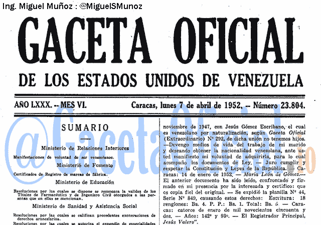 Gaceta Oficial 23804 del 7 Abril 1952