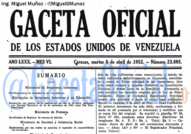 Gaceta Oficial 23805 del 8 Abril 1952