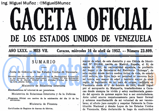Gaceta Oficial 23809 del 16 Abril 1952