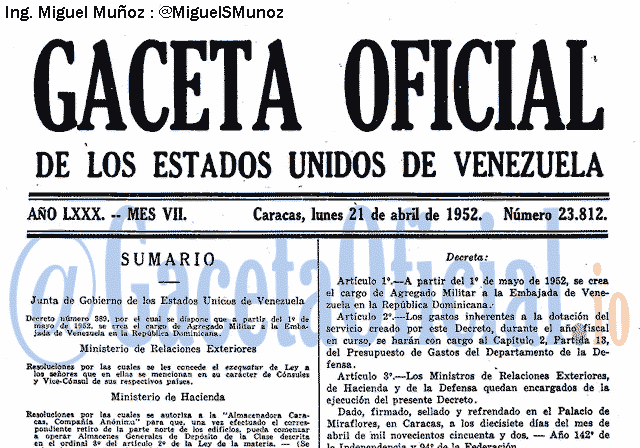 Gaceta Oficial 23812 del 21 Abril 1952