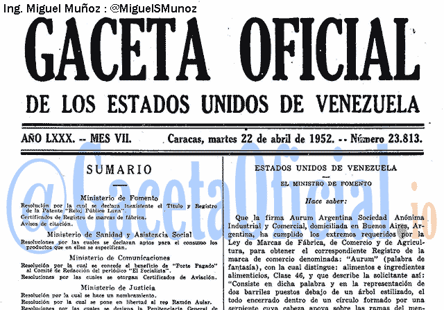 Gaceta Oficial 23813 del 22 Abril 1952