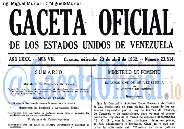 Gaceta Oficial 23814 del 23 Abril 1952