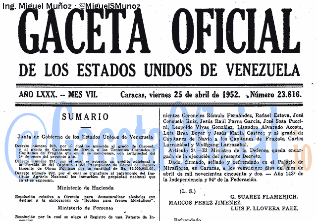 Gaceta Oficial 23816 del 25 Abril 1952