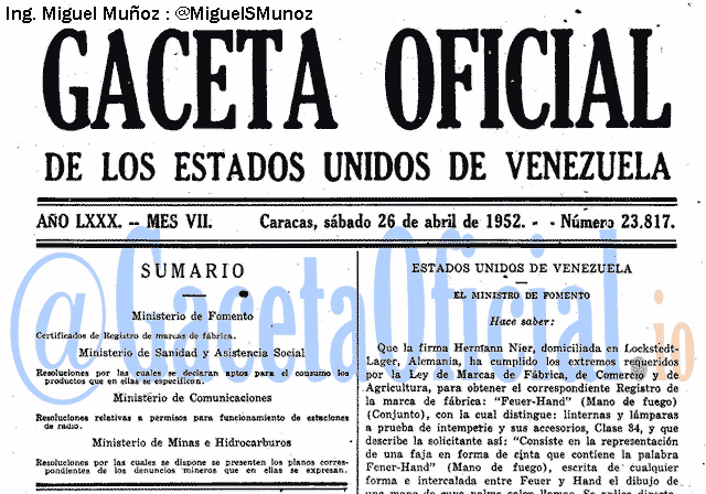 Gaceta Oficial 23817 del 26 Abril 1952