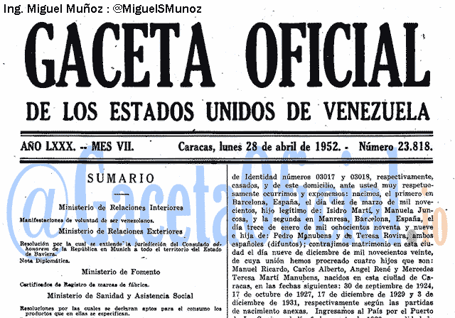 Gaceta Oficial 23818 del 28 Abril 1952