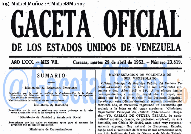 Gaceta Oficial 23819 del 29 Abril 1952